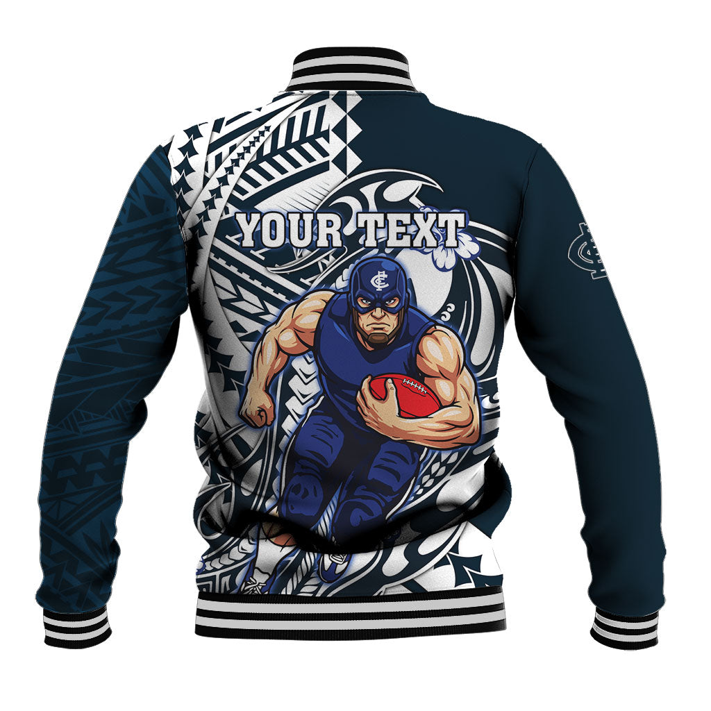 Personalized Carlton Blues Baseball Jacket Polynesian Tribal Baggers Mascot With Hibiscus Floral Art