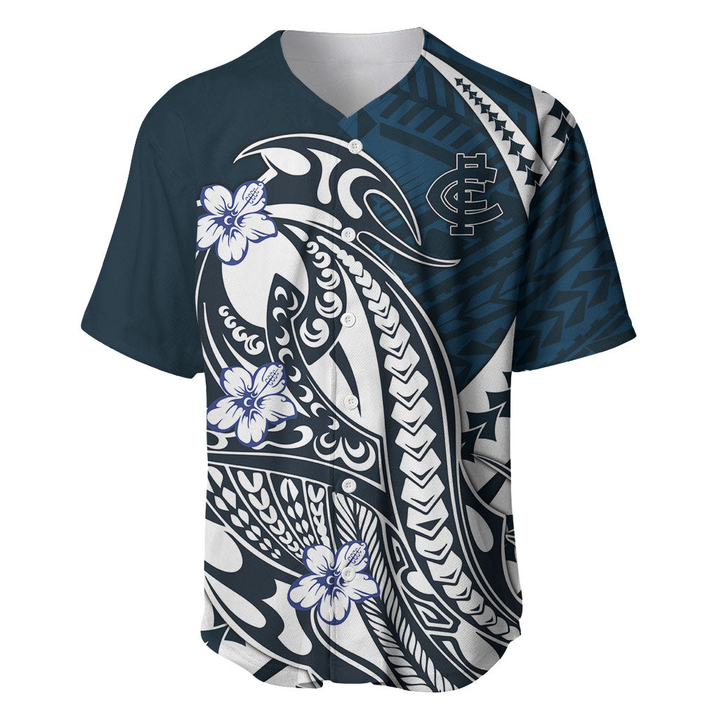 Personalized Carlton Blues Baseball Jersey Polynesian Tribal Baggers Mascot With Hibiscus Floral Art