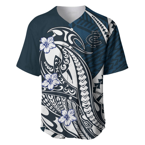 Personalized Carlton Blues Baseball Jersey Polynesian Tribal Baggers Mascot With Hibiscus Floral Art