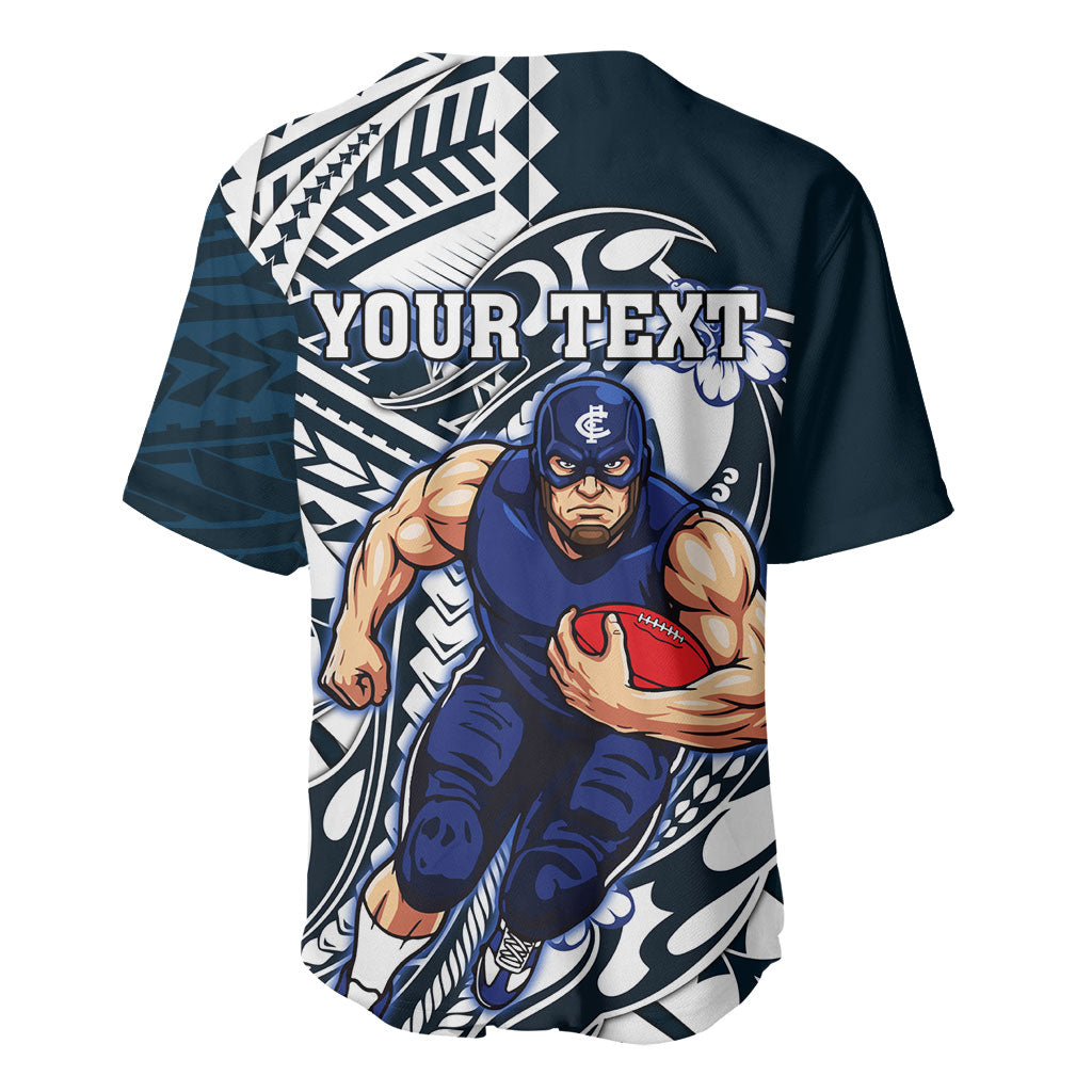 Personalized Carlton Blues Baseball Jersey Polynesian Tribal Baggers Mascot With Hibiscus Floral Art