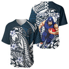 Personalized Carlton Blues Baseball Jersey Polynesian Tribal Baggers Mascot With Hibiscus Floral Art