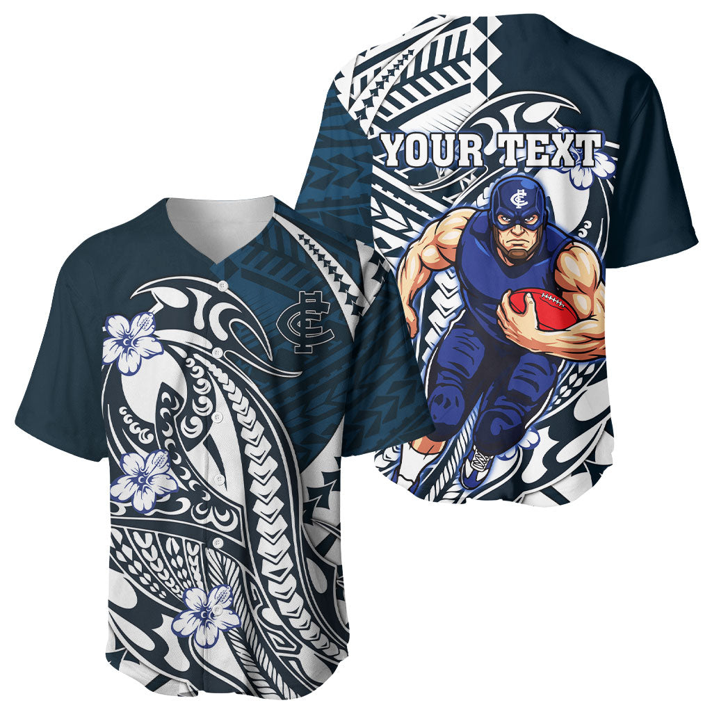 Personalized Carlton Blues Baseball Jersey Polynesian Tribal Baggers Mascot With Hibiscus Floral Art