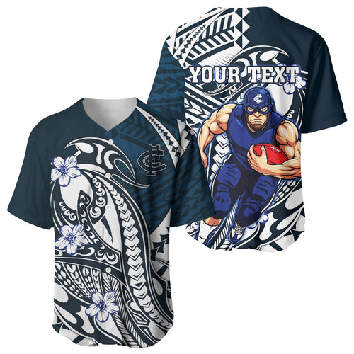 Personalized Carlton Blues Baseball Jersey Polynesian Tribal Baggers Mascot With Hibiscus Floral Art