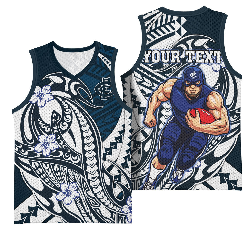 Personalized Carlton Blues Basketball Jersey Polynesian Tribal Baggers Mascot With Hibiscus Floral Art
