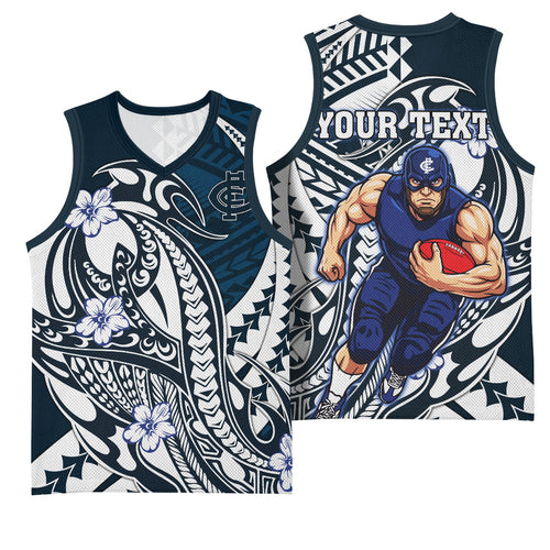 Personalized Carlton Blues Basketball Jersey Polynesian Tribal Baggers Mascot With Hibiscus Floral Art