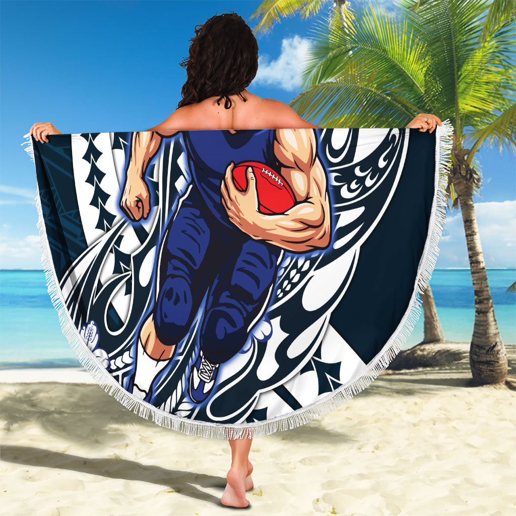 Personalized Carlton Blues Beach Blanket Polynesian Tribal Baggers Mascot With Hibiscus Floral Art