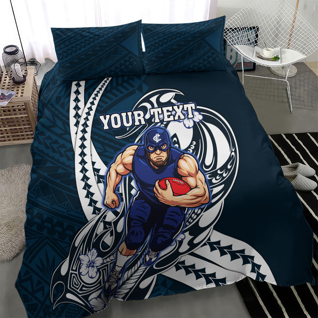 Personalized Carlton Blues Bedding Set Polynesian Tribal Baggers Mascot With Hibiscus Floral Art