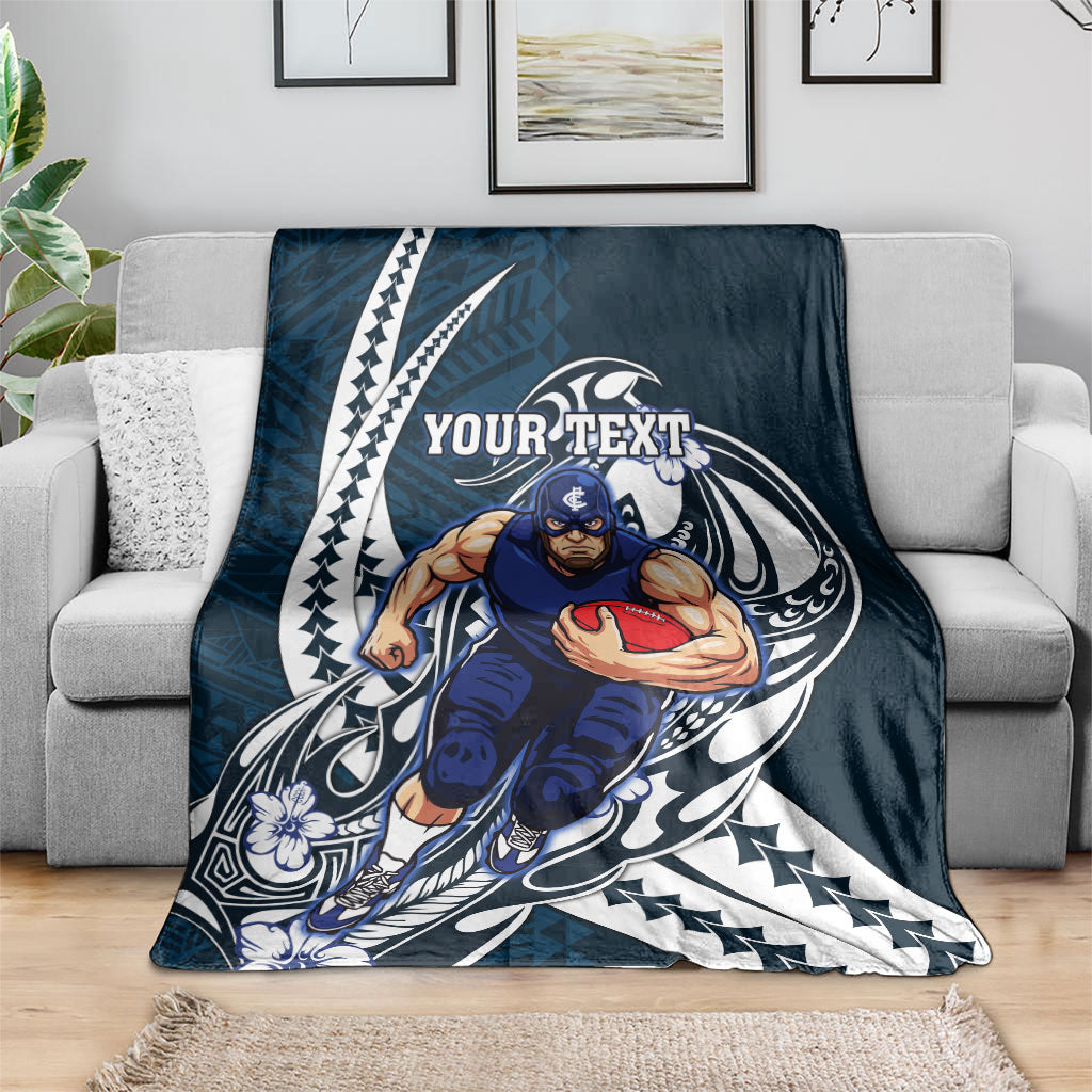 Personalized Carlton Blues Blanket Polynesian Tribal Baggers Mascot With Hibiscus Floral Art