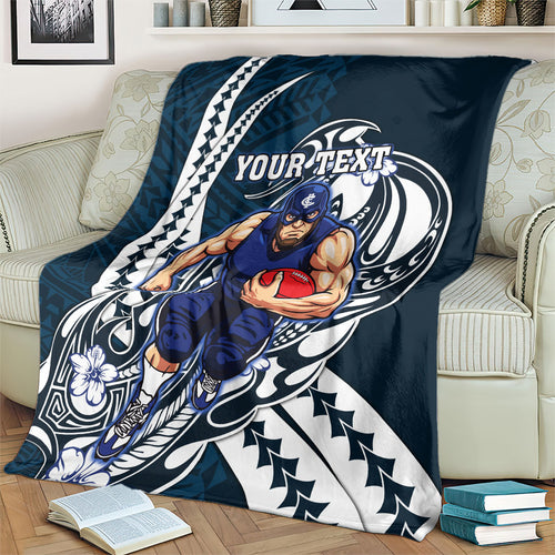 Personalized Carlton Blues Blanket Polynesian Tribal Baggers Mascot With Hibiscus Floral Art