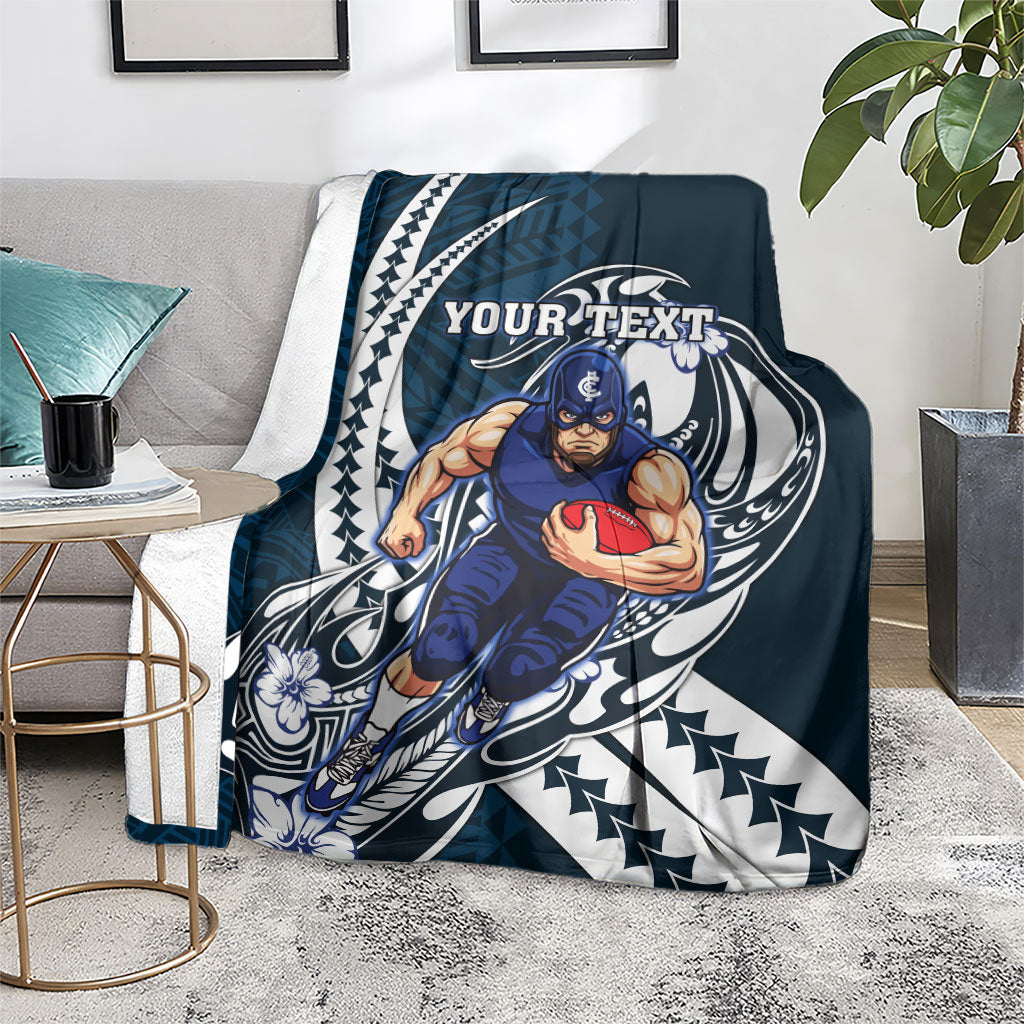 Personalized Carlton Blues Blanket Polynesian Tribal Baggers Mascot With Hibiscus Floral Art