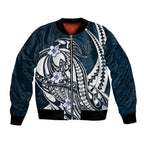Personalized Carlton Blues Bomber Jacket Polynesian Tribal Baggers Mascot With Hibiscus Floral Art