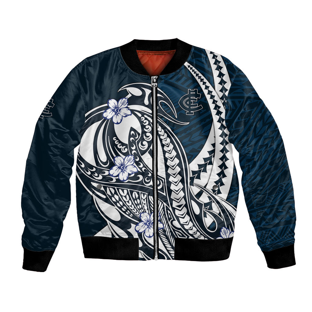 Personalized Carlton Blues Bomber Jacket Polynesian Tribal Baggers Mascot With Hibiscus Floral Art