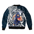 Personalized Carlton Blues Bomber Jacket Polynesian Tribal Baggers Mascot With Hibiscus Floral Art