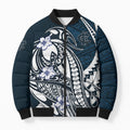 Personalized Carlton Blues Bomber Puffer Jacket Polynesian Tribal Baggers Mascot With Hibiscus Floral Art
