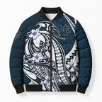 Personalized Carlton Blues Bomber Puffer Jacket Polynesian Tribal Baggers Mascot With Hibiscus Floral Art
