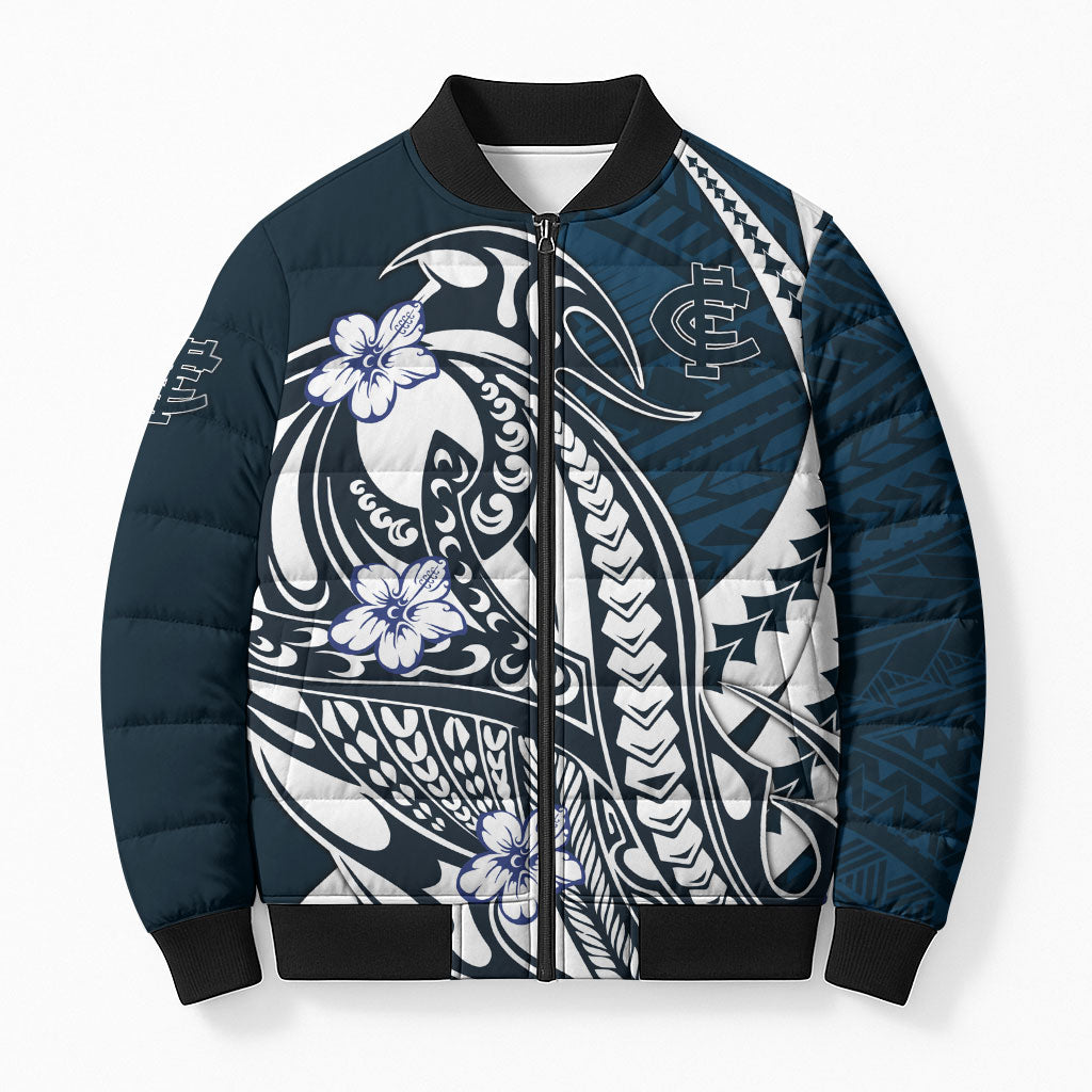 Personalized Carlton Blues Bomber Puffer Jacket Polynesian Tribal Baggers Mascot With Hibiscus Floral Art