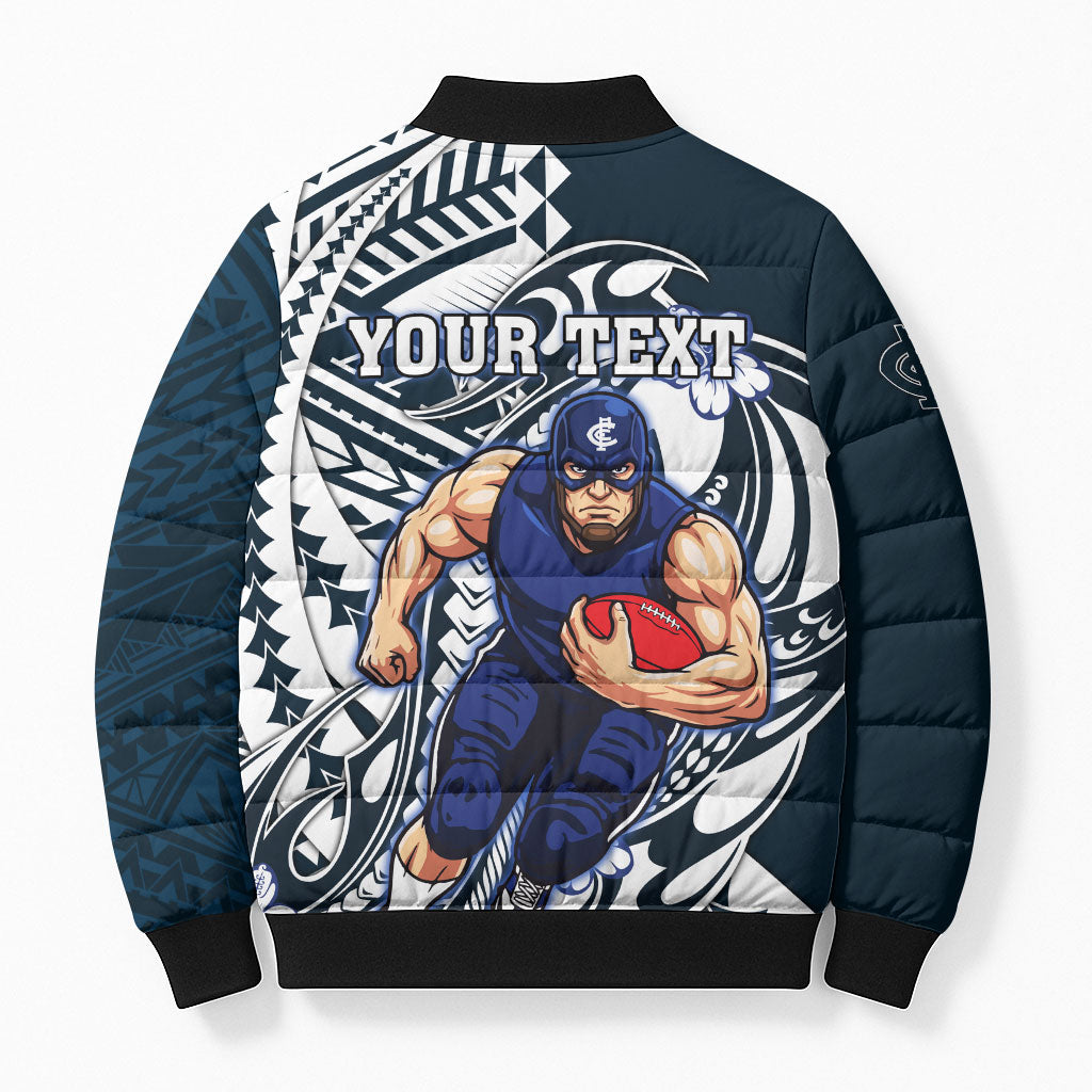 Personalized Carlton Blues Bomber Puffer Jacket Polynesian Tribal Baggers Mascot With Hibiscus Floral Art