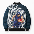 Personalized Carlton Blues Bomber Puffer Jacket Polynesian Tribal Baggers Mascot With Hibiscus Floral Art