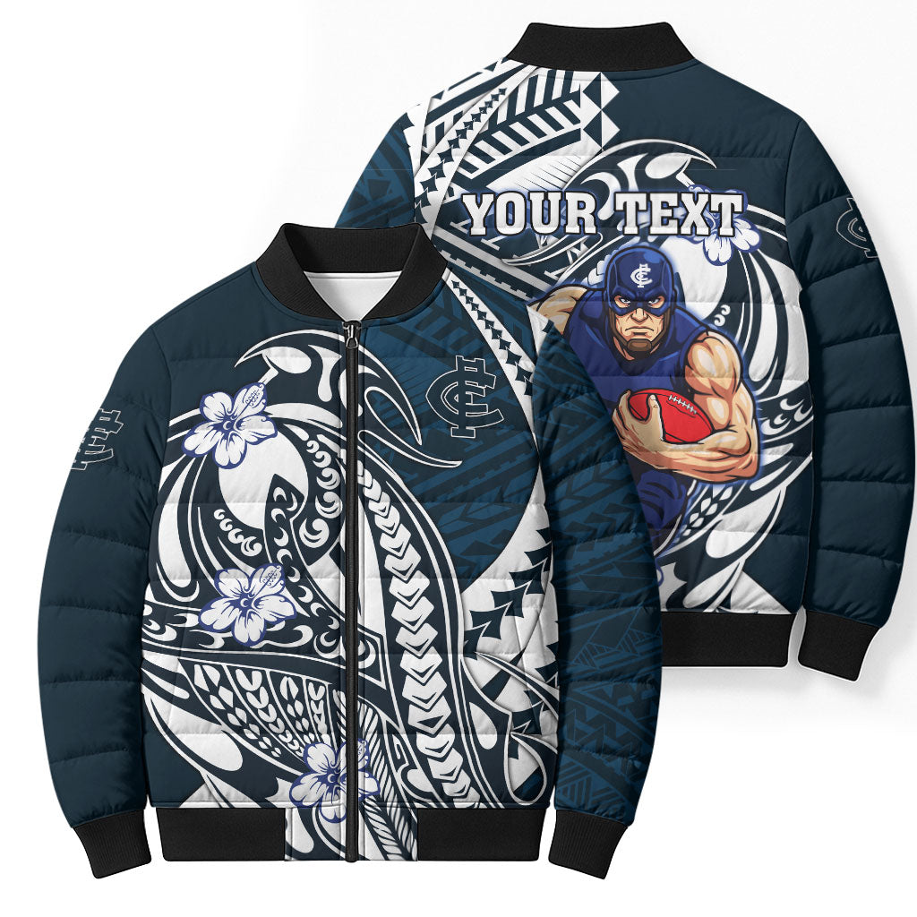 Personalized Carlton Blues Bomber Puffer Jacket Polynesian Tribal Baggers Mascot With Hibiscus Floral Art