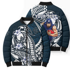 Personalized Carlton Blues Bomber Puffer Jacket Polynesian Tribal Baggers Mascot With Hibiscus Floral Art