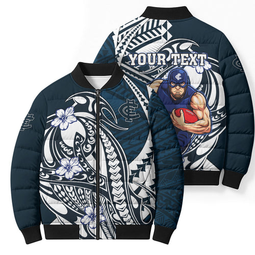 Personalized Carlton Blues Bomber Puffer Jacket Polynesian Tribal Baggers Mascot With Hibiscus Floral Art