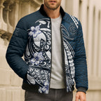 Personalized Carlton Blues Bomber Puffer Jacket Polynesian Tribal Baggers Mascot With Hibiscus Floral Art