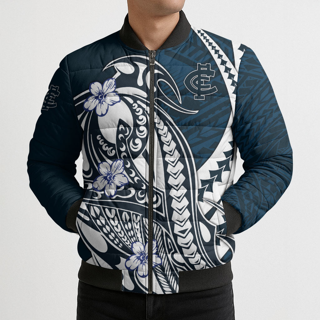 Personalized Carlton Blues Bomber Puffer Jacket Polynesian Tribal Baggers Mascot With Hibiscus Floral Art