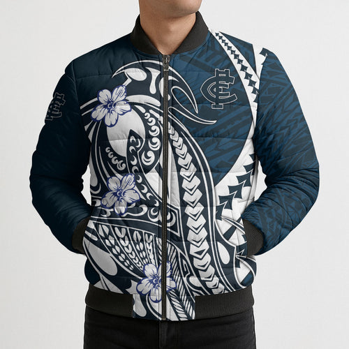 Personalized Carlton Blues Bomber Puffer Jacket Polynesian Tribal Baggers Mascot With Hibiscus Floral Art