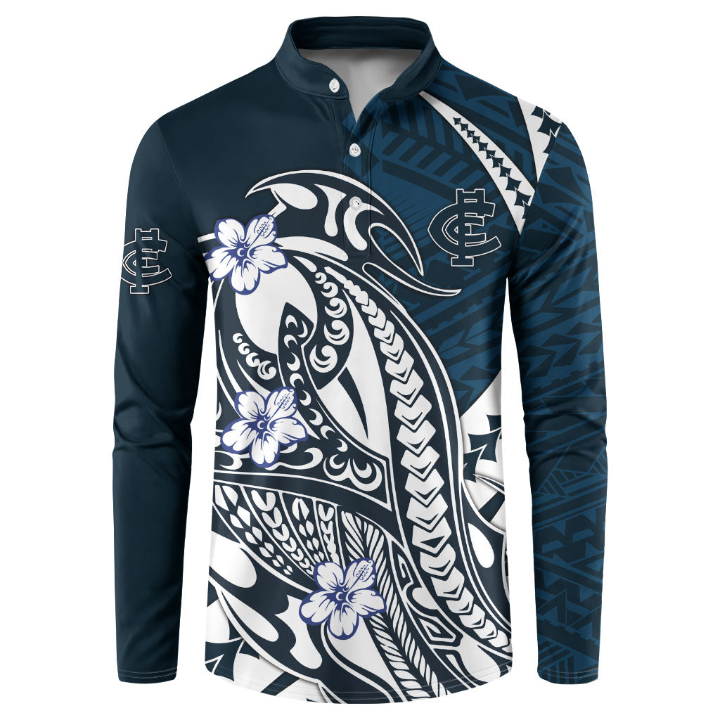 Personalized Carlton Blues Button Sweatshirt Polynesian Tribal Baggers Mascot With Hibiscus Floral Art