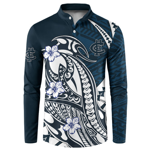 Personalized Carlton Blues Button Sweatshirt Polynesian Tribal Baggers Mascot With Hibiscus Floral Art