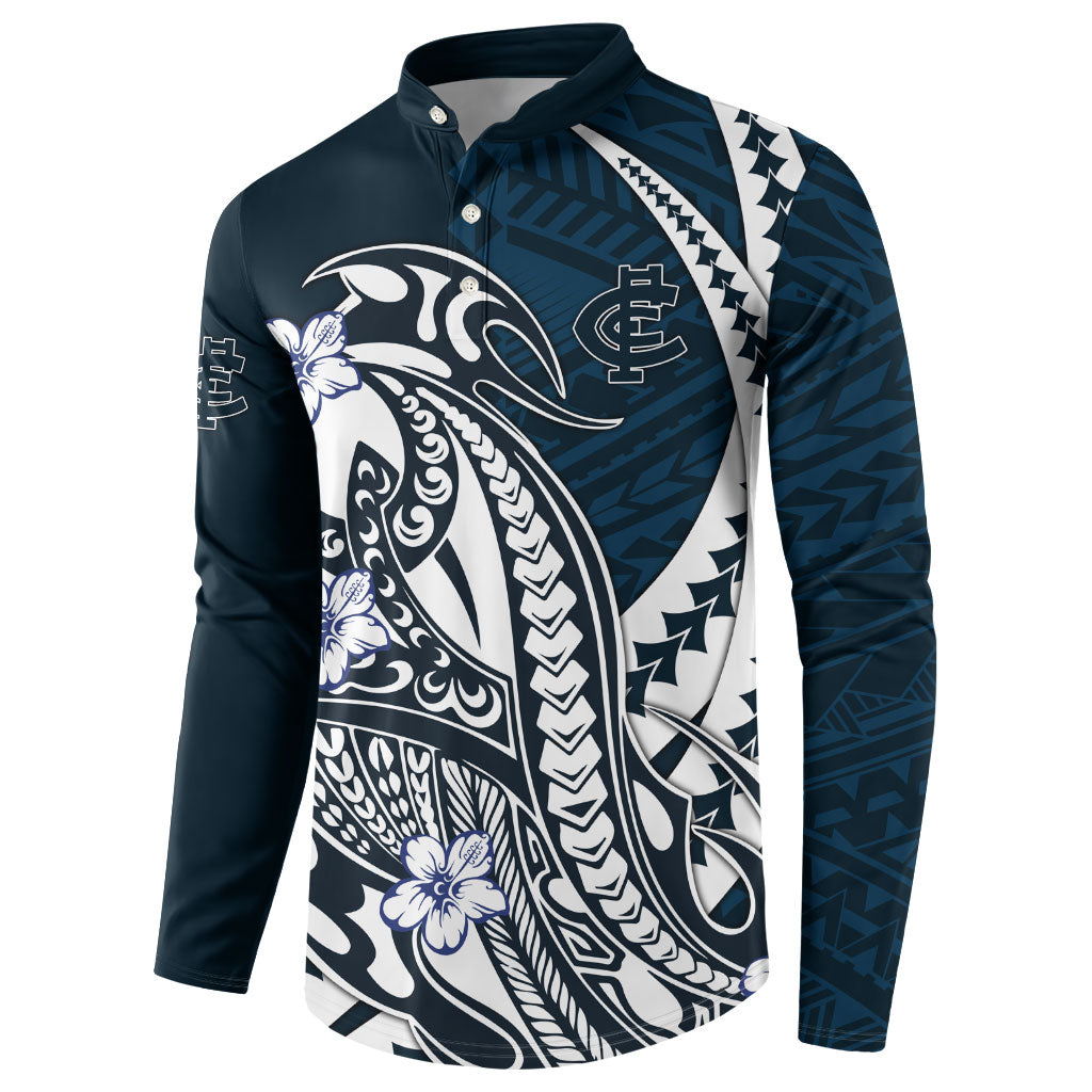 Personalized Carlton Blues Button Sweatshirt Polynesian Tribal Baggers Mascot With Hibiscus Floral Art