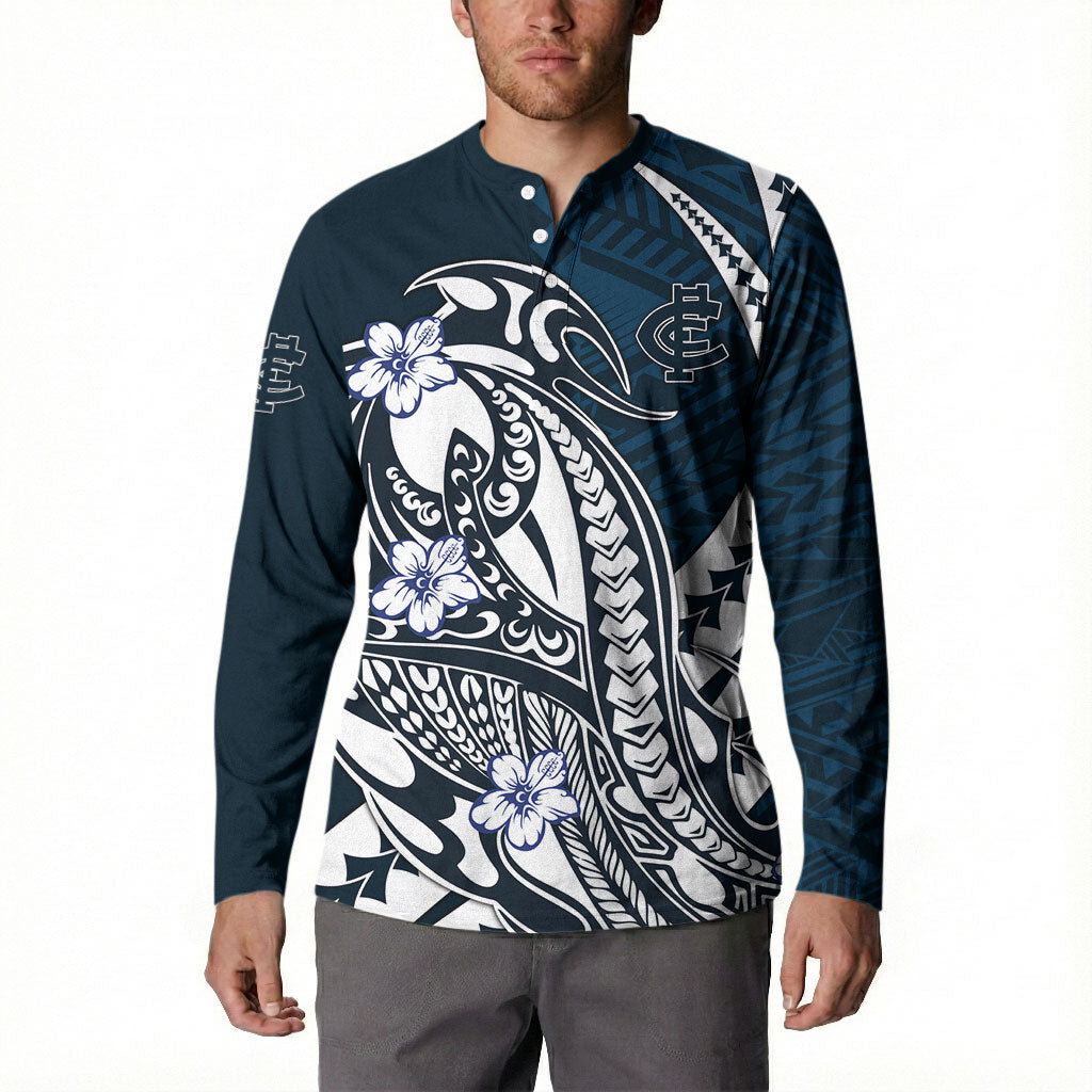Personalized Carlton Blues Button Sweatshirt Polynesian Tribal Baggers Mascot With Hibiscus Floral Art