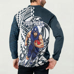 Personalized Carlton Blues Button Sweatshirt Polynesian Tribal Baggers Mascot With Hibiscus Floral Art