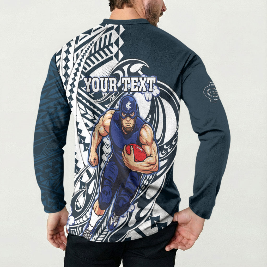 Personalized Carlton Blues Button Sweatshirt Polynesian Tribal Baggers Mascot With Hibiscus Floral Art