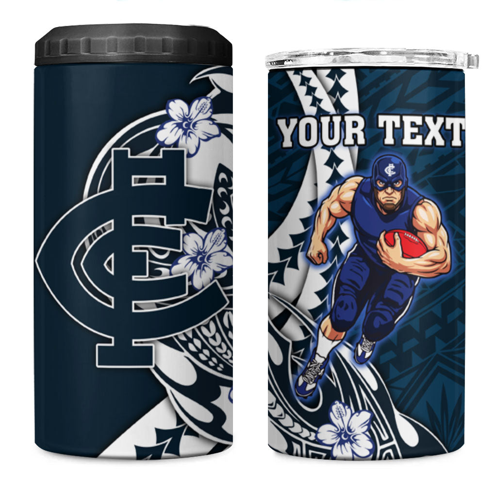 Personalized Carlton Blues 4 in 1 Can Cooler Tumbler Polynesian Tribal Baggers Mascot With Hibiscus Floral Art