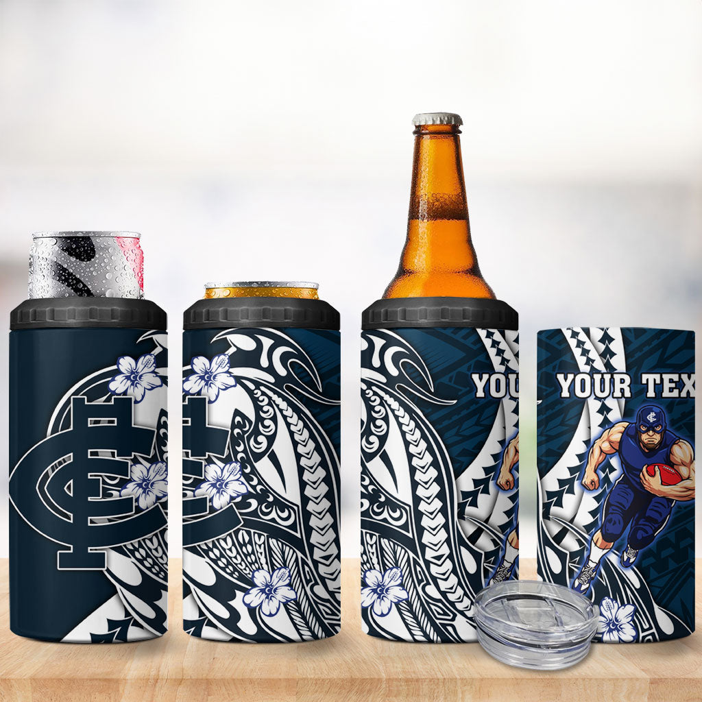 Personalized Carlton Blues 4 in 1 Can Cooler Tumbler Polynesian Tribal Baggers Mascot With Hibiscus Floral Art