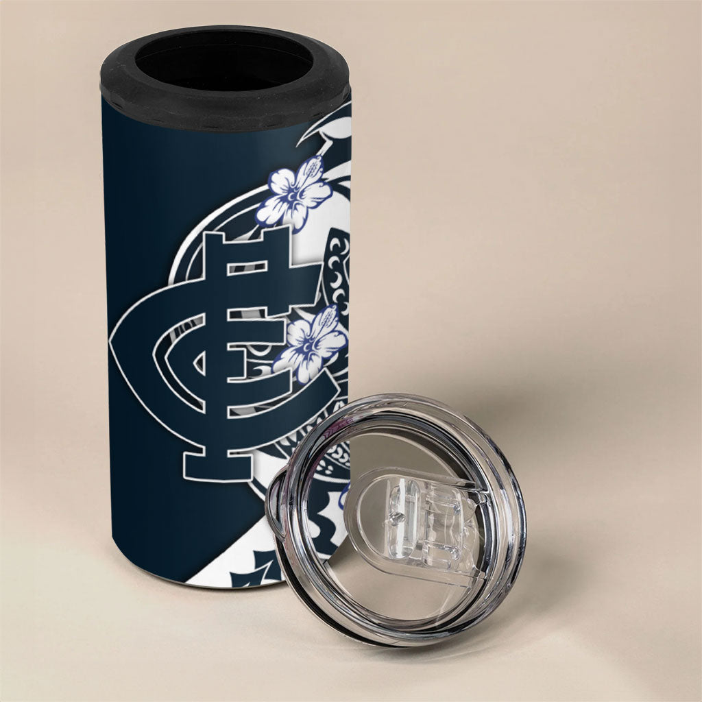 Personalized Carlton Blues 4 in 1 Can Cooler Tumbler Polynesian Tribal Baggers Mascot With Hibiscus Floral Art