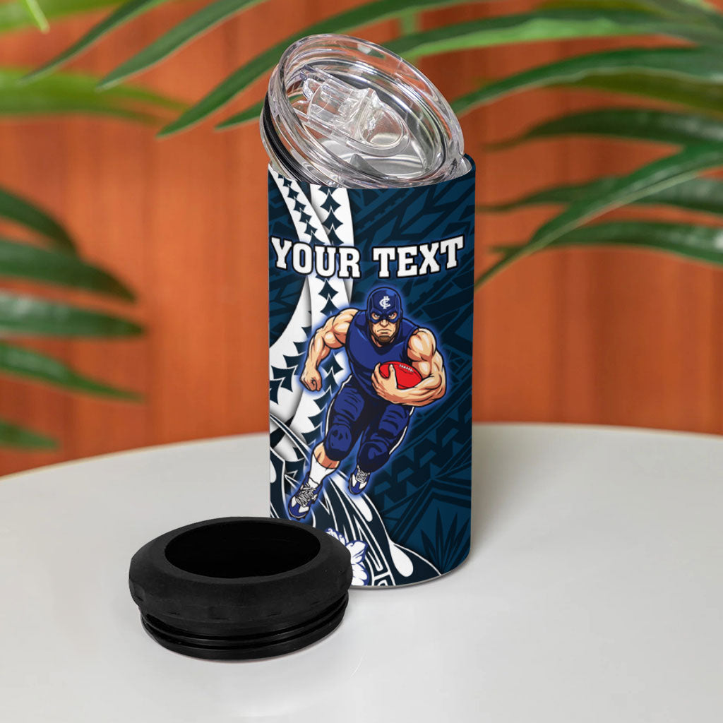 Personalized Carlton Blues 4 in 1 Can Cooler Tumbler Polynesian Tribal Baggers Mascot With Hibiscus Floral Art