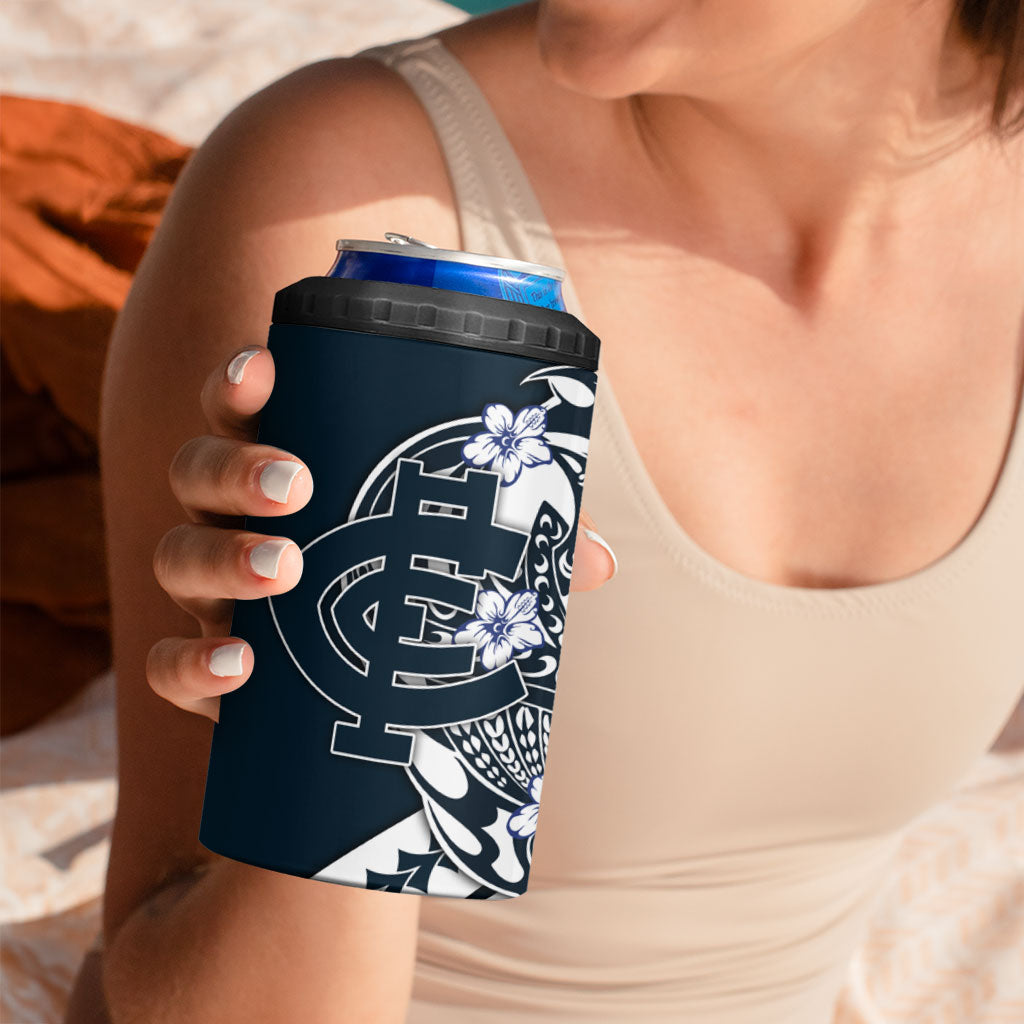 Personalized Carlton Blues 4 in 1 Can Cooler Tumbler Polynesian Tribal Baggers Mascot With Hibiscus Floral Art