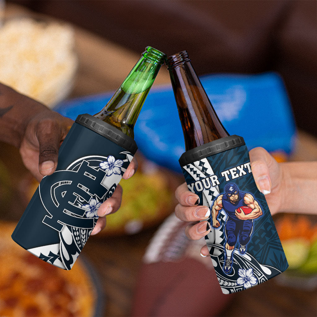 Personalized Carlton Blues 4 in 1 Can Cooler Tumbler Polynesian Tribal Baggers Mascot With Hibiscus Floral Art