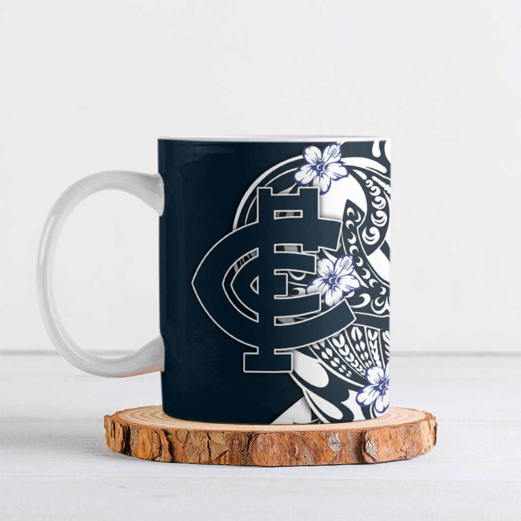 Personalized Carlton Blues Ceramic Mug Polynesian Tribal Baggers Mascot With Hibiscus Floral Art