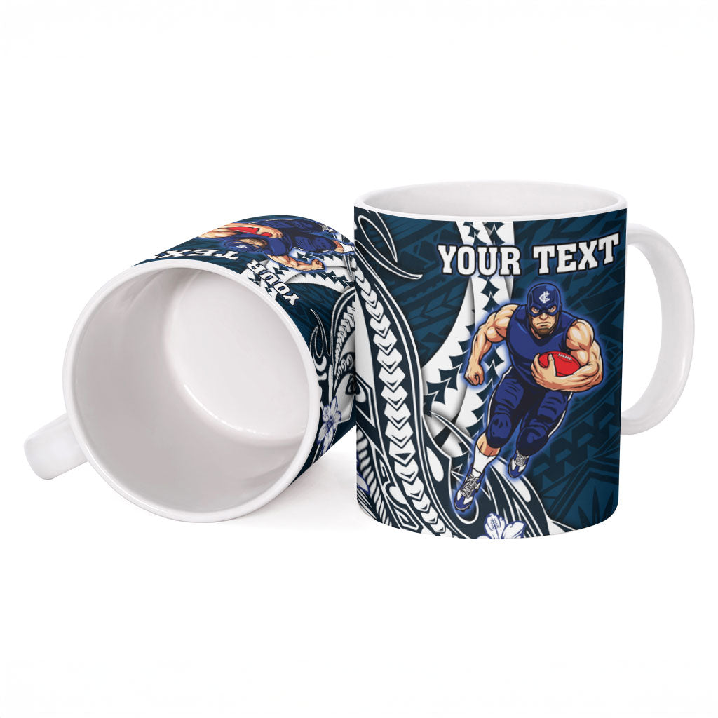 Personalized Carlton Blues Ceramic Mug Polynesian Tribal Baggers Mascot With Hibiscus Floral Art