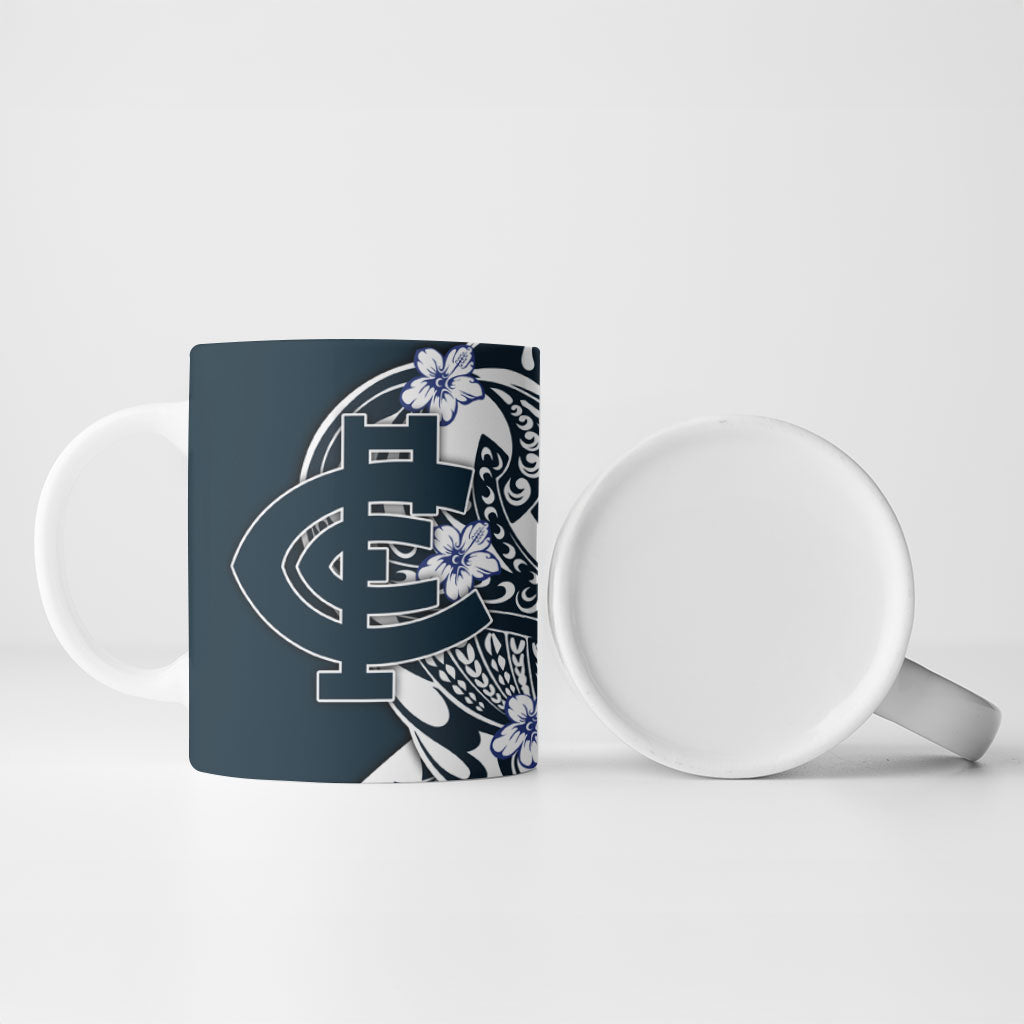 Personalized Carlton Blues Ceramic Mug Polynesian Tribal Baggers Mascot With Hibiscus Floral Art