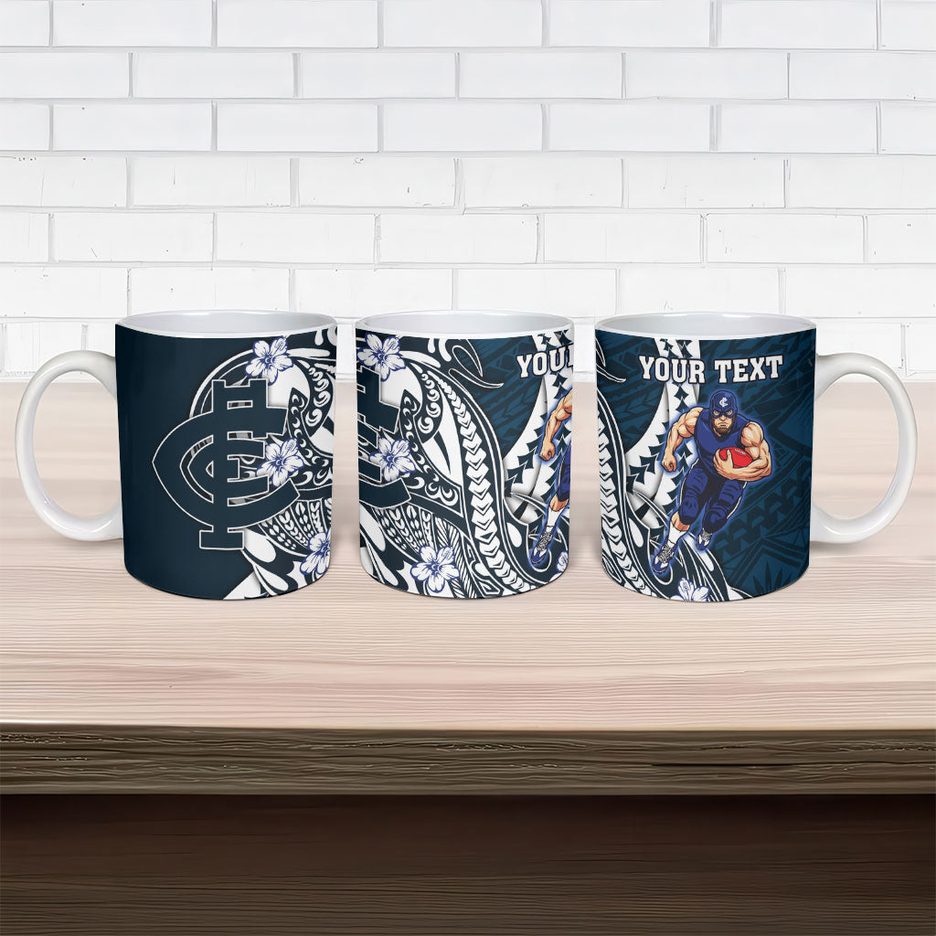 Personalized Carlton Blues Ceramic Mug Polynesian Tribal Baggers Mascot With Hibiscus Floral Art