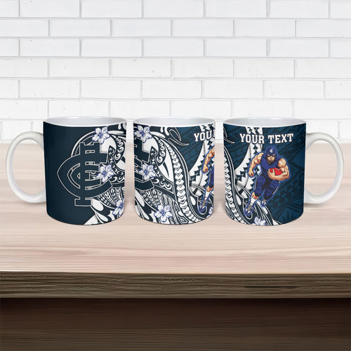 Personalized Carlton Blues Ceramic Mug Polynesian Tribal Baggers Mascot With Hibiscus Floral Art