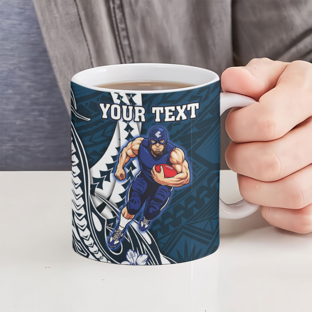 Personalized Carlton Blues Ceramic Mug Polynesian Tribal Baggers Mascot With Hibiscus Floral Art