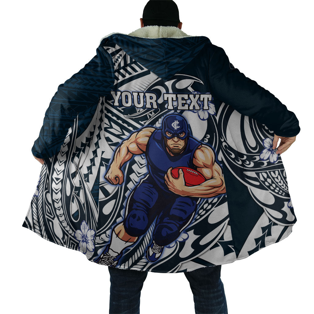 Personalized Carlton Blues Cloak Polynesian Tribal Baggers Mascot With Hibiscus Floral Art
