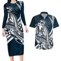 Personalized Carlton Blues Couples Matching Long Sleeve Bodycon Dress and Hawaiian Shirt Polynesian Tribal Baggers Mascot With Hibiscus Floral Art
