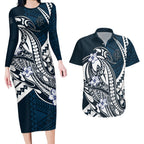 Personalized Carlton Blues Couples Matching Long Sleeve Bodycon Dress and Hawaiian Shirt Polynesian Tribal Baggers Mascot With Hibiscus Floral Art