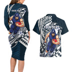 Personalized Carlton Blues Couples Matching Long Sleeve Bodycon Dress and Hawaiian Shirt Polynesian Tribal Baggers Mascot With Hibiscus Floral Art